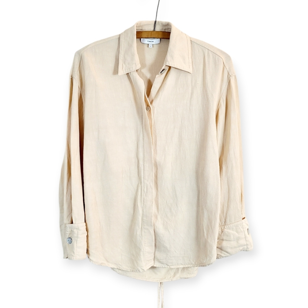 VINCE Tie Fastened Open Back Oversized Linen Blend Long Sleeve Button Down Shirt